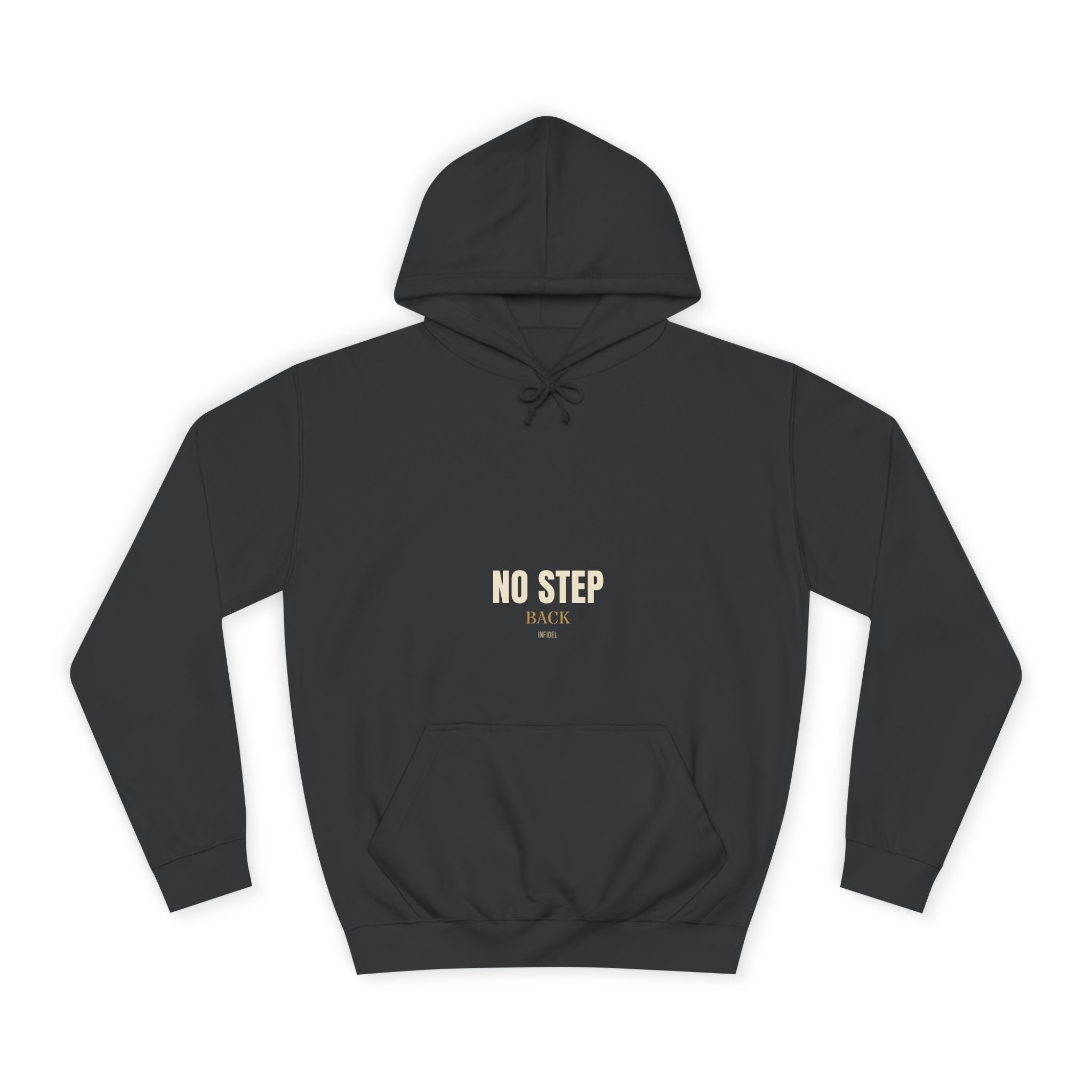NO STEP BACK Hoodie — Heavyweight pullover hoodie, 100% cotton, embroidered design